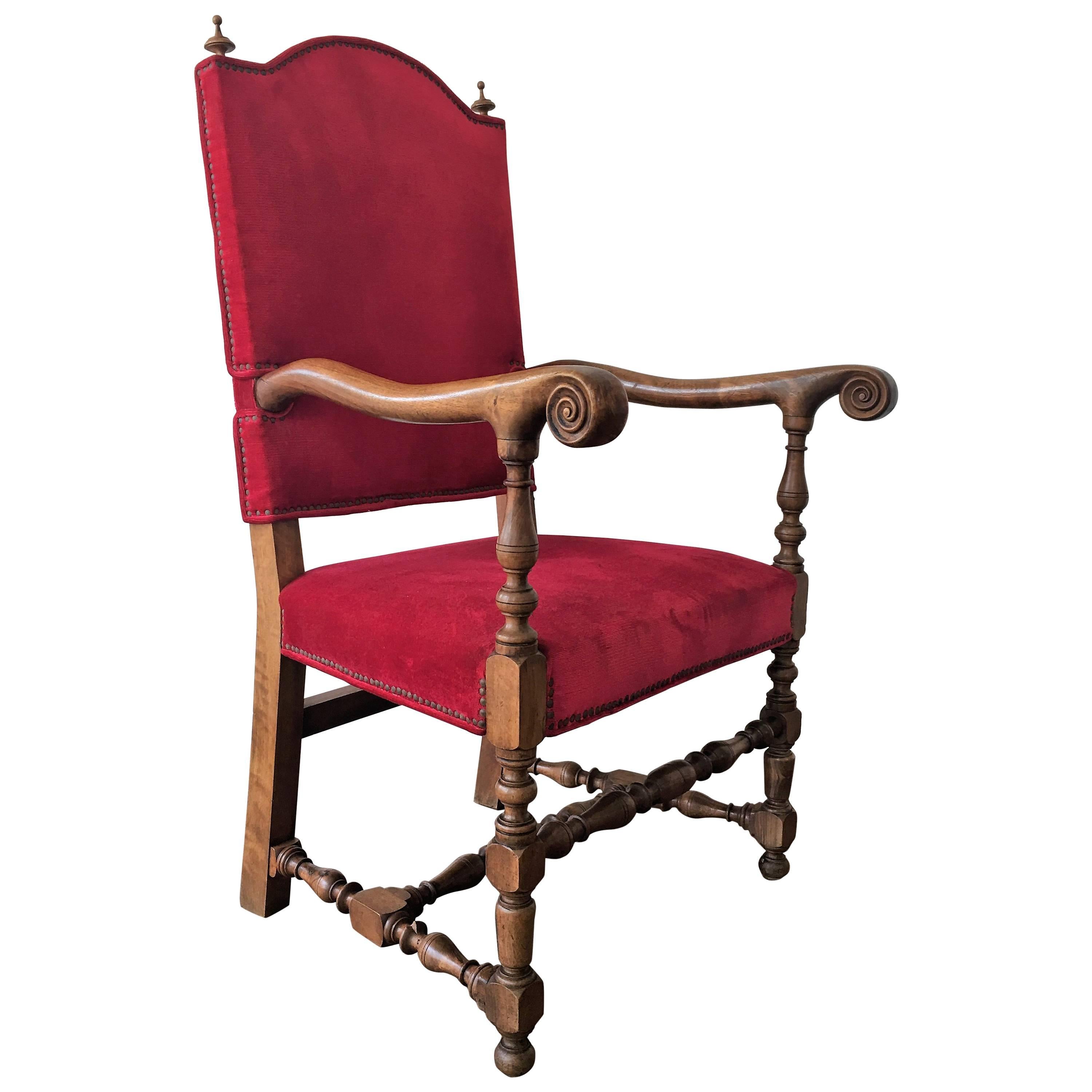 19th Century Louis XIII Style Fauteuils Throne Armchair in Red Velvet