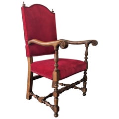 Antique 19th Century Louis XIII Style Fauteuils Throne Armchair in Red Velvet