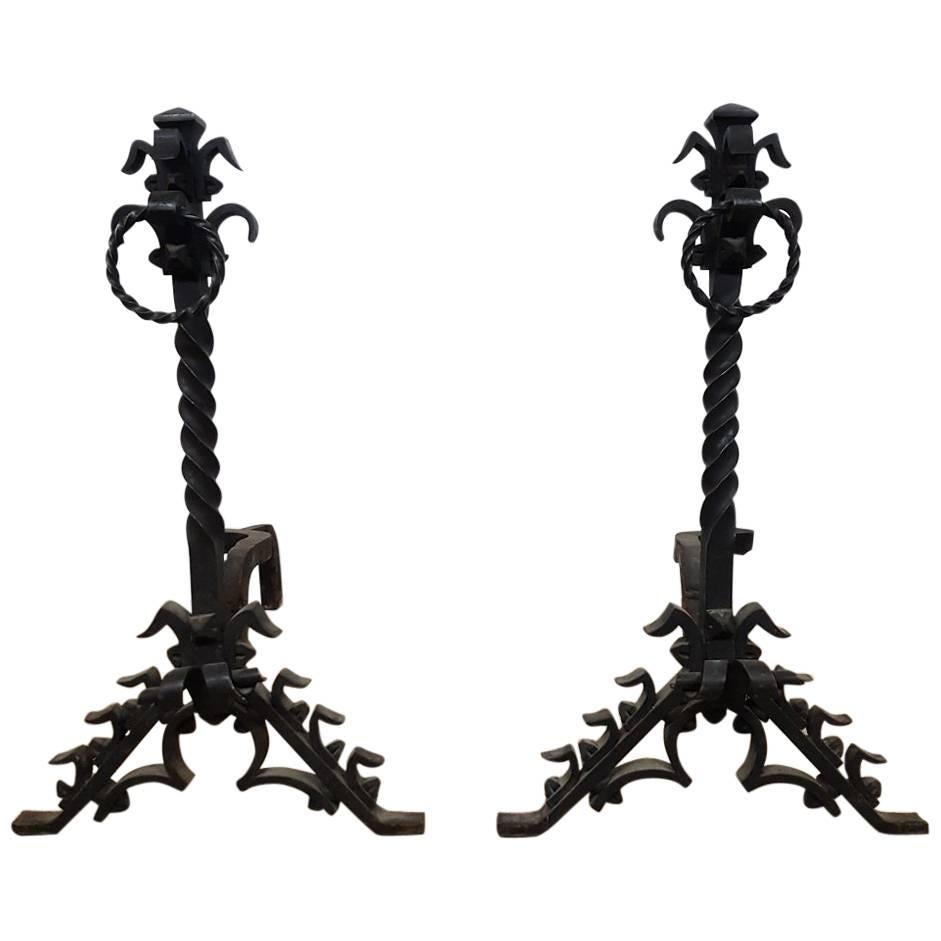 Two Large French Forged Metal Gothic Style Andirons or Chenets, circa 1950 For Sale
