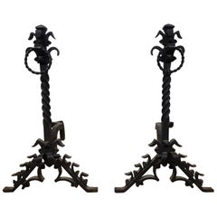 Two Large French Forged Metal Gothic Style Andirons or Chenets, circa 1950