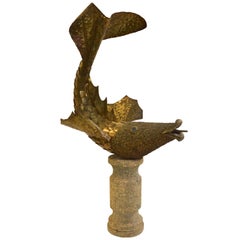 Decorative 1970s Fish Fountain in Brass on Stone Pedestal