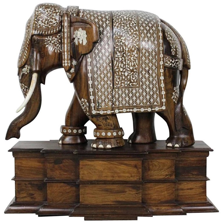 Anglo Indian Large Wood Bone Ornate Elephant Sculpture Statue For Sale