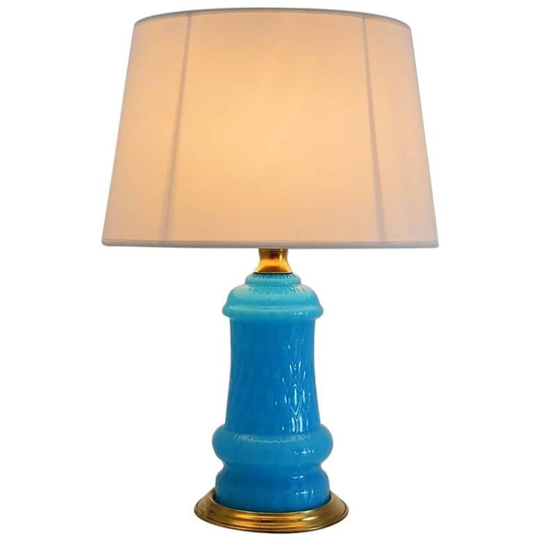 French Blue Opaline Glass Lamp with Brass Details, 1940s