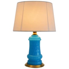 French Blue Opaline Glass Lamp with Brass Details, 1940s