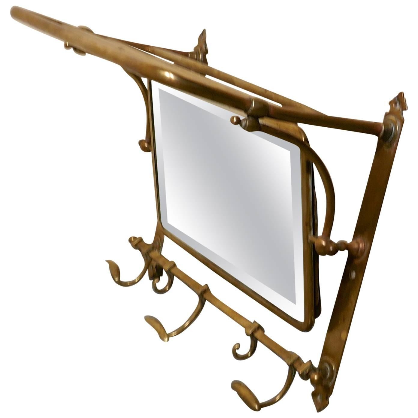 French Art Deco Brass Hat and Coat Shelf Mirror from a Railway Train