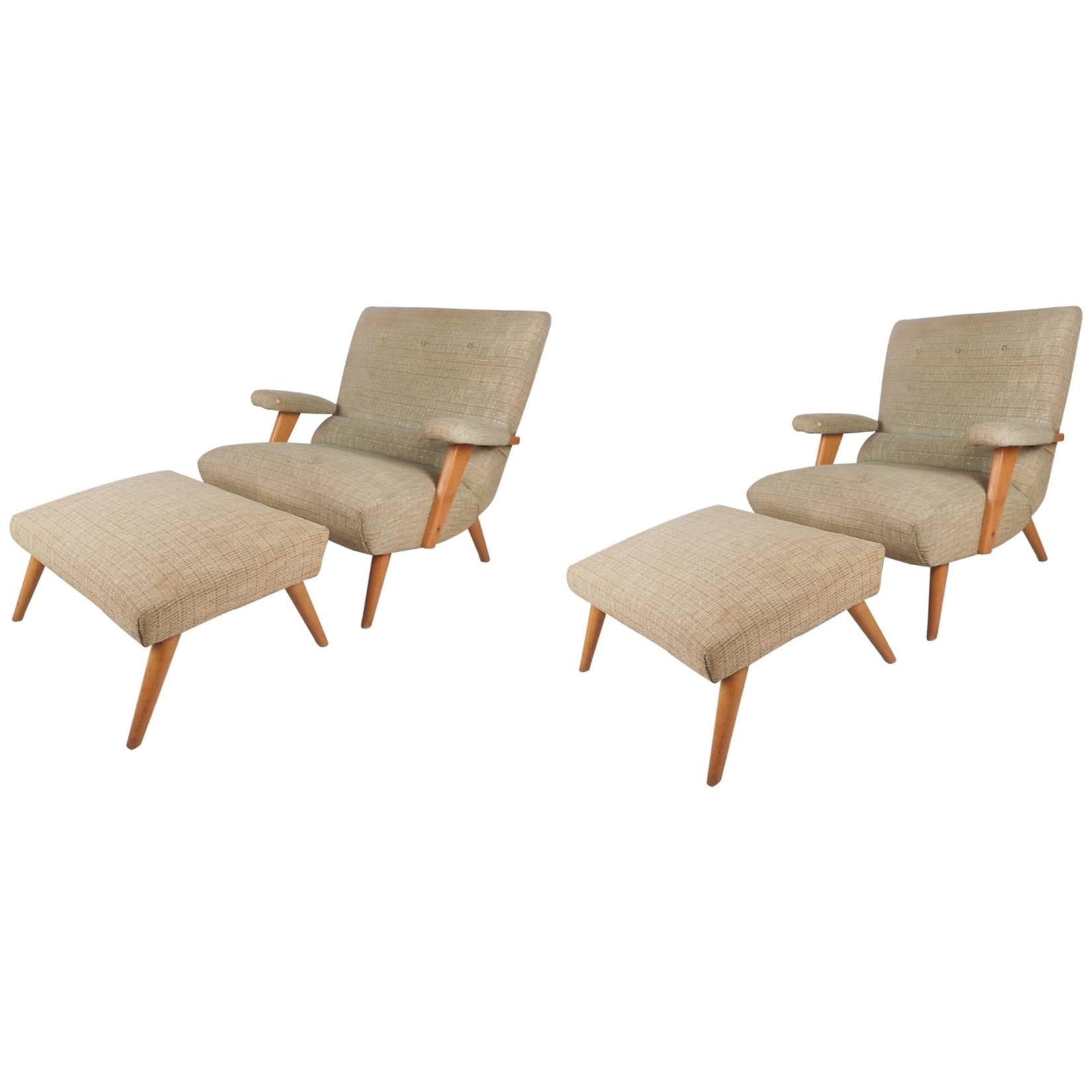 Pair of Mid-Century Modern Selig Lounge Chairs with Ottomans