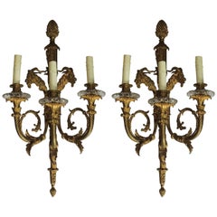 Louis XVI Figural Pair French Doré Bronze Three-Arm Sconces Ram Goat Head Ormolu