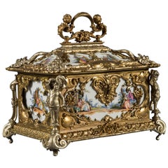 Large German Gilt and Silvered bronze Painted Porcelain Jewel Box/Casket