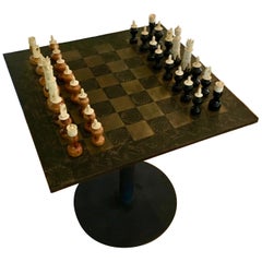 Metal Mexican Chess Board Table with Hand-Carved Wooden Chess Men