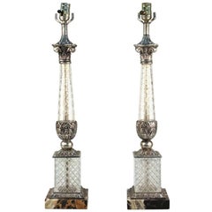 Pair of Glass Lamps with Corinthian Columns and Marble Base