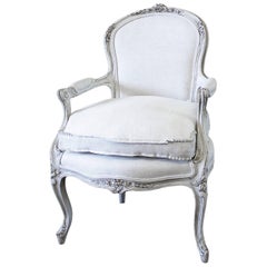 Antique French Country Style Upholstered Linen Open Armchair