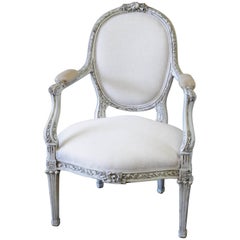 Geschnitzter und bemalter französischer Stuhl aus antikem Leinen aus dem 19. Jahrhundert