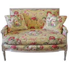 Vintage Early 20th Century Toile De Jouy Upholstered Louis XVI Style Settee