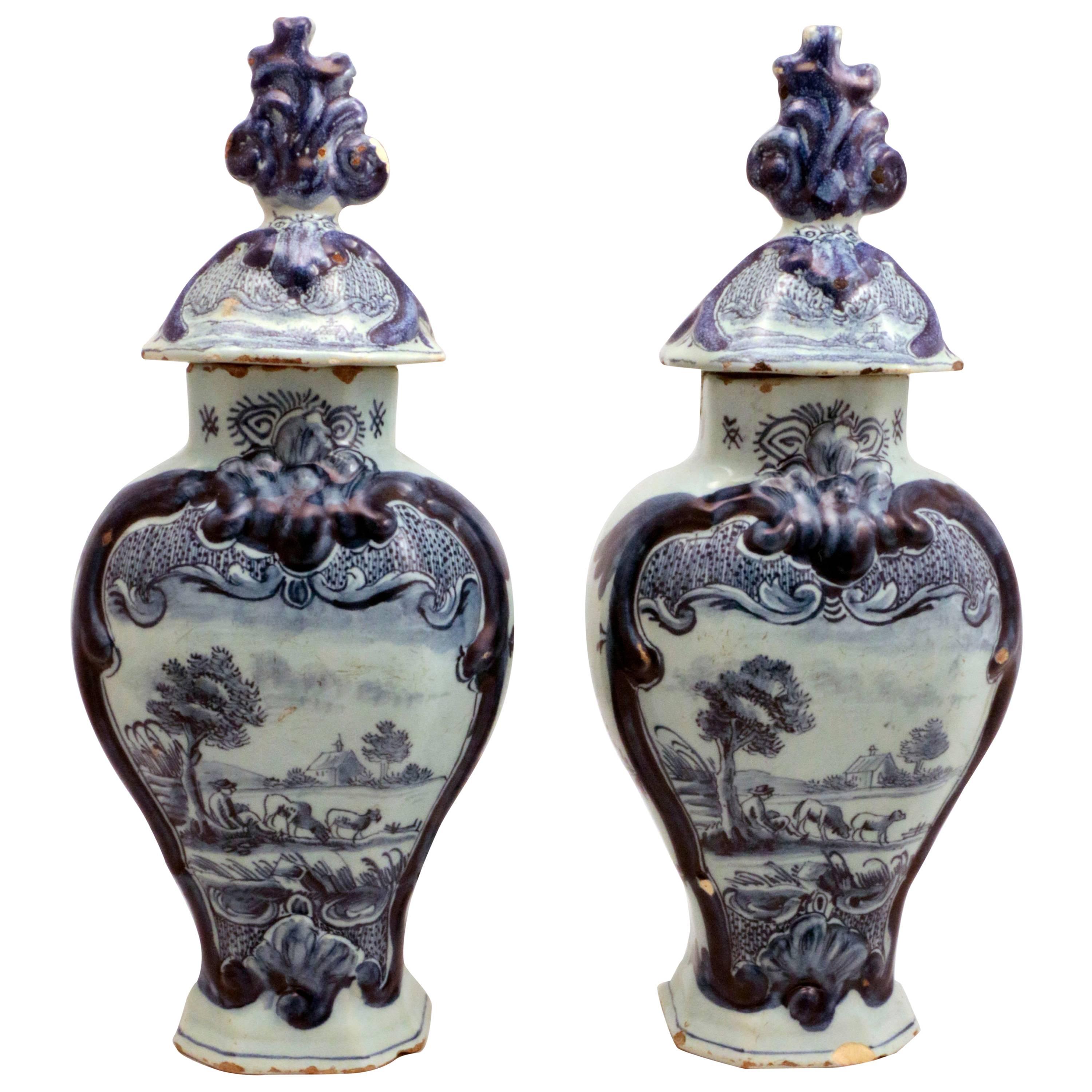 Attractive Pair of 18th Century Dutch Delft Vases