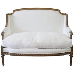 19th Century Giltwood Neoclassical Style Settee in White Belgian Linen