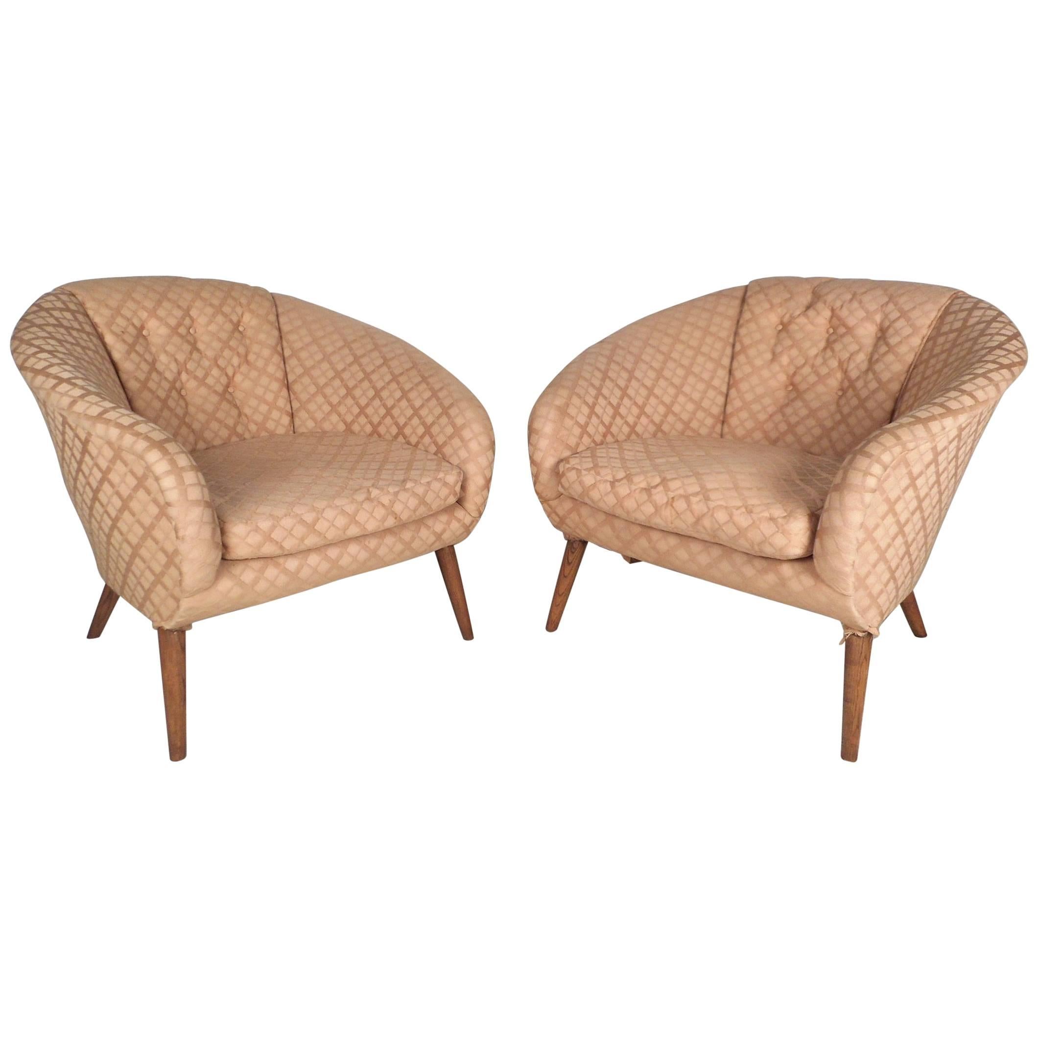 Mid-Century Modern Barrel Back Tufted Lounge Chairs