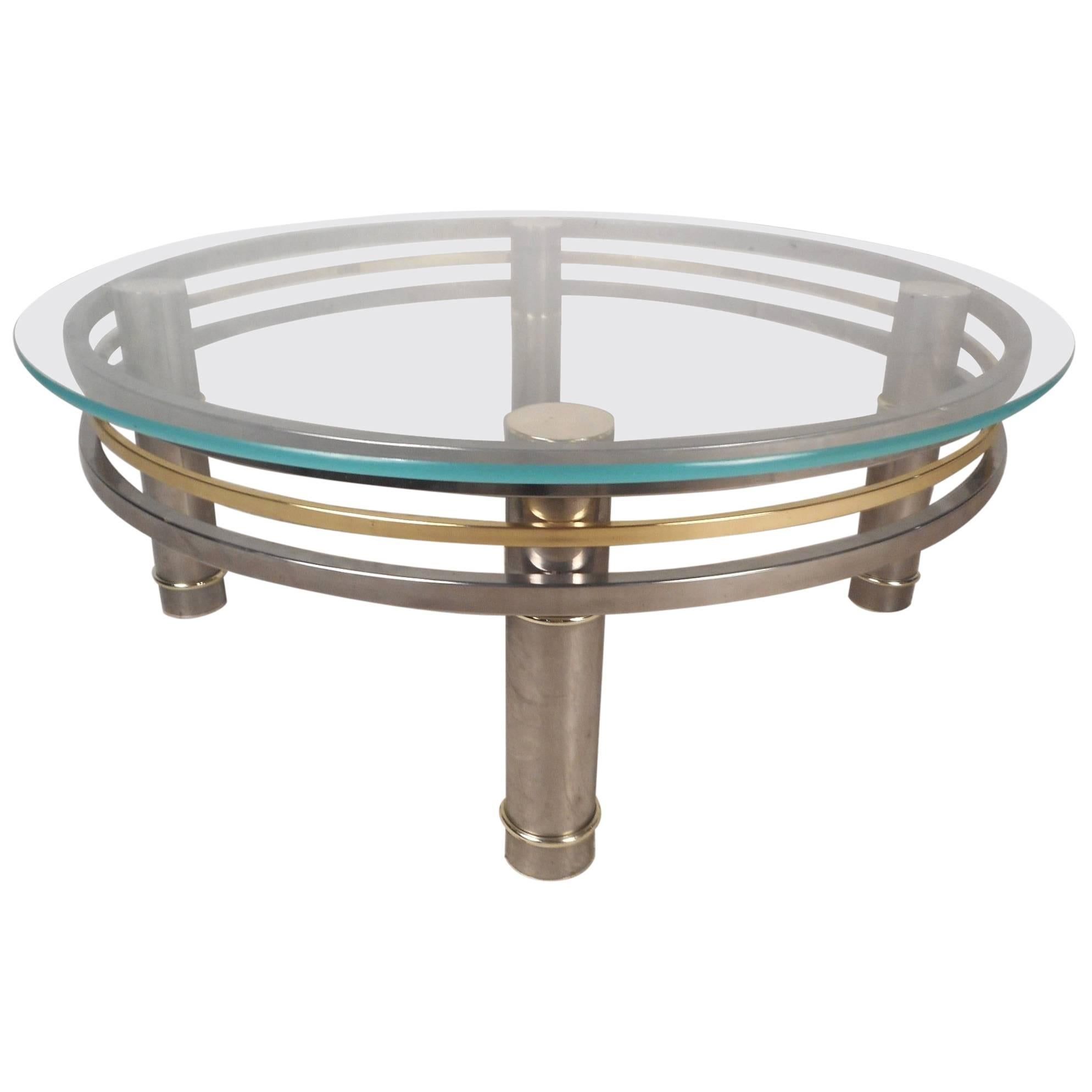 Hollywood Regency Round Chrome and Brass Coffee Table For Sale