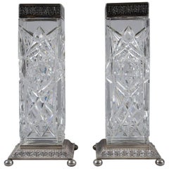 Exceptional Pair of Baccarat and Russian Silver Cut Crystal Vases