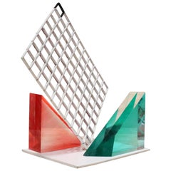 Unusual 1980s Lucite Block and Metal Grid Sculpture