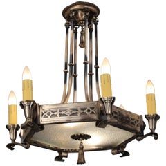 Hard to Find 1920s Chandelier with Silver Tone Finish and Illuminated Bottom