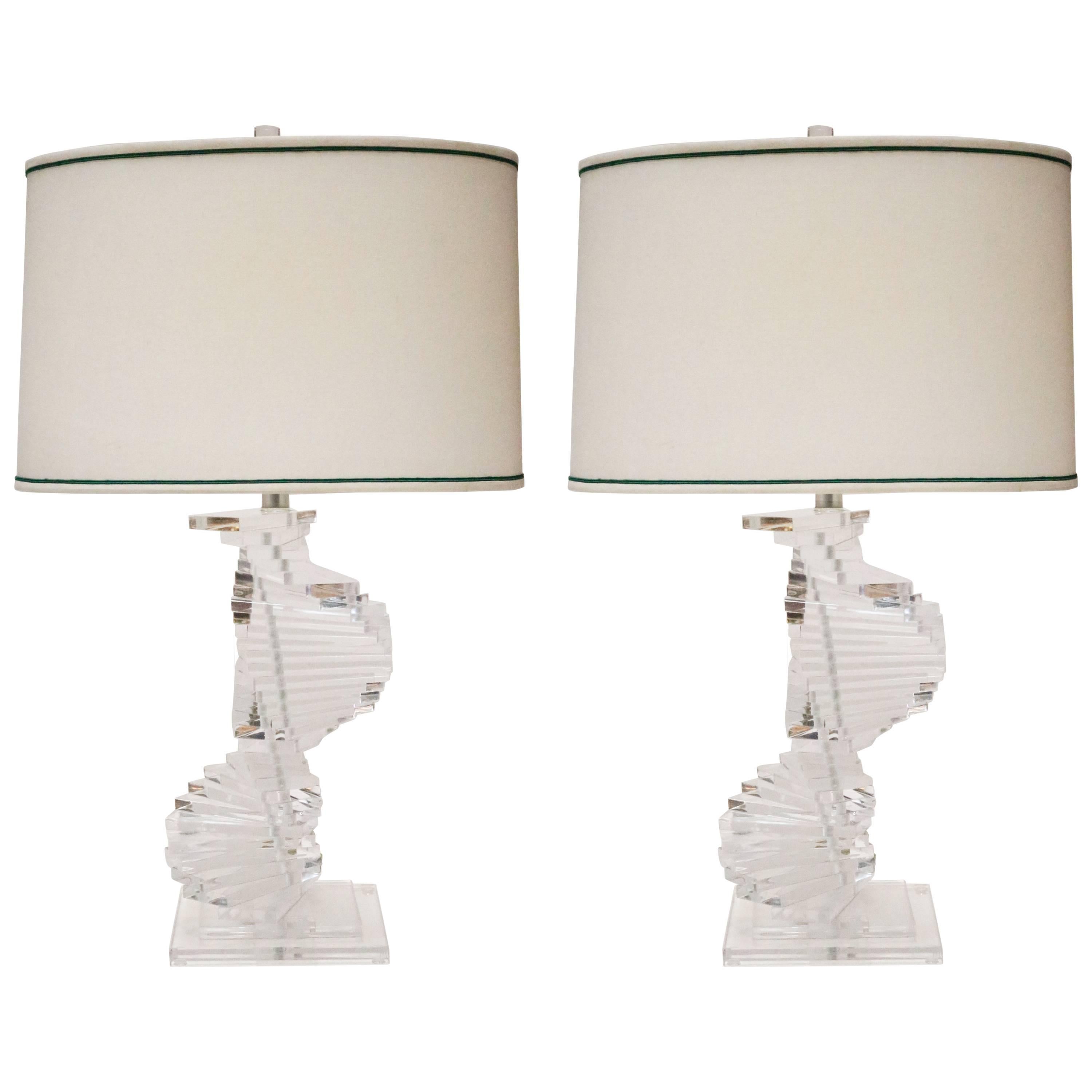 Helix Shaped Stepped Lucite Table Lamps, Pair