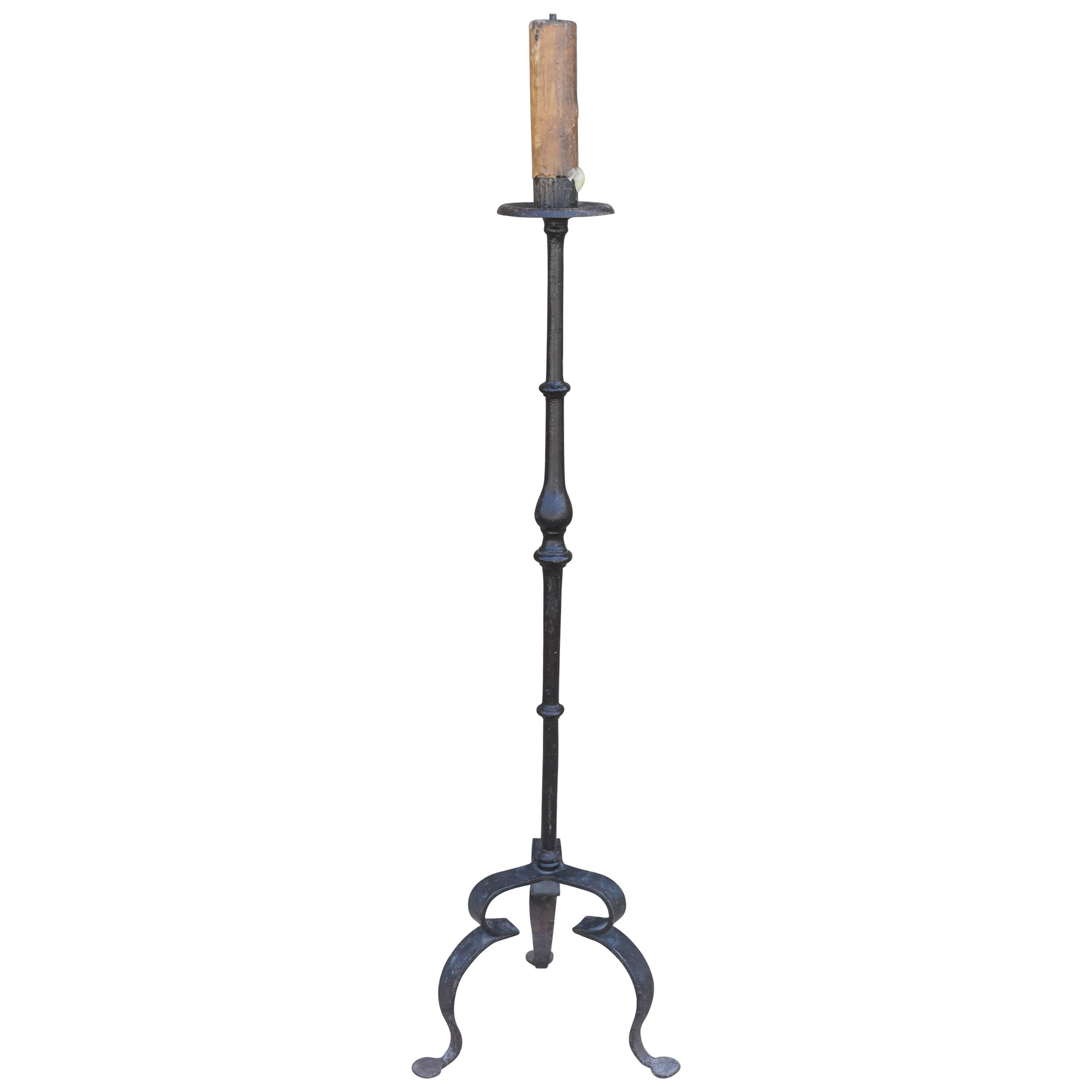 Rare 18th Century Spanish Hand-Forged Iron Candle-Stand with Wax Husk