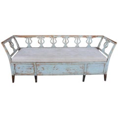 Antique Swedish 19th Century Painted Blue Trag-Sofa with Lyre Back