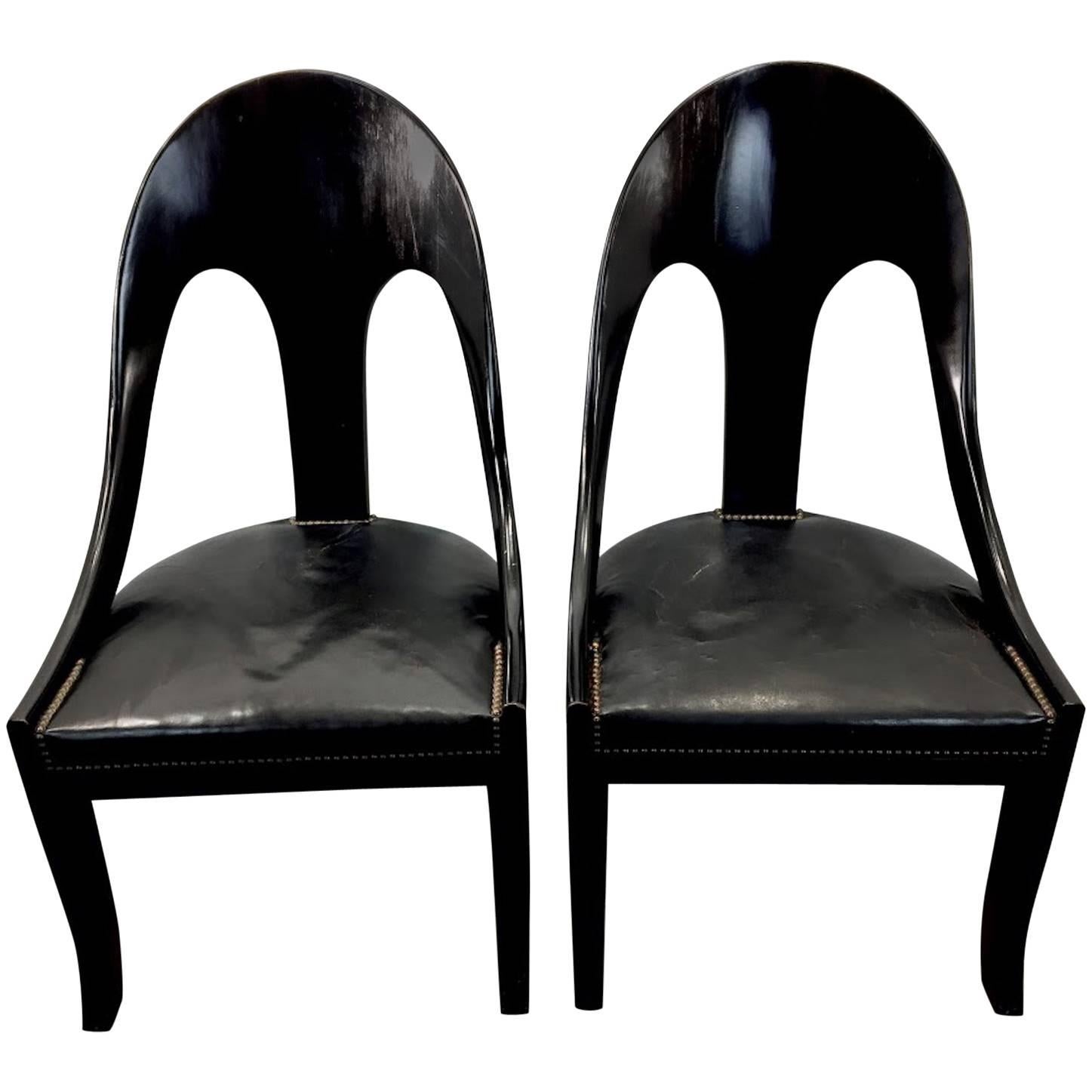 Pair of Vintage Black Lacquer Spoon Back Chairs