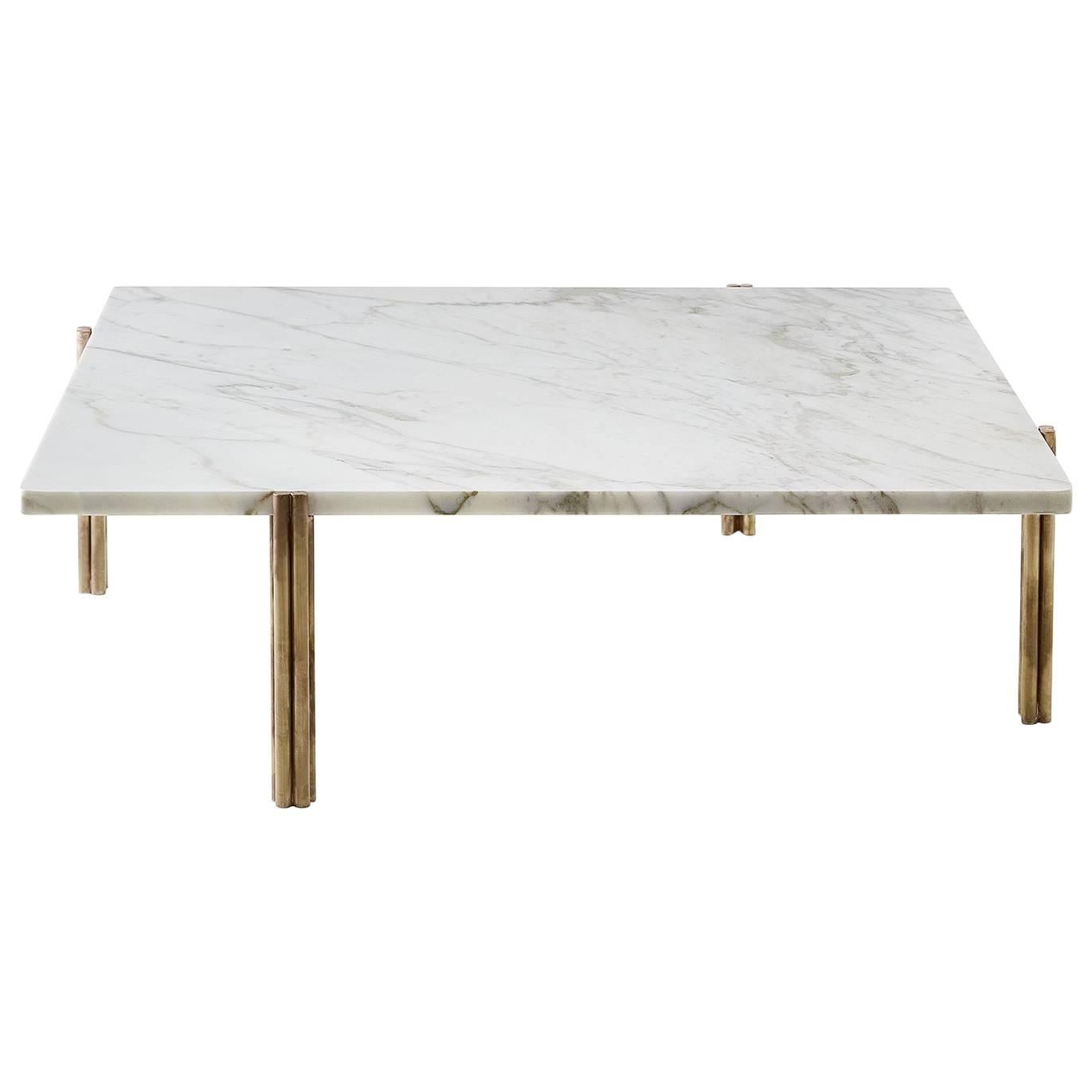Coffee or Side Table in Hand Burnished Brass and Marble For Sale