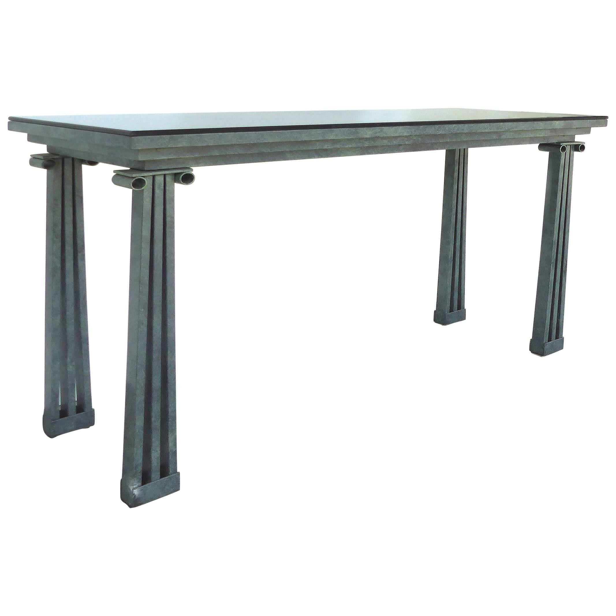 Post Modernist Architectural Console Table with Smoked Glass & Verdigris Finish