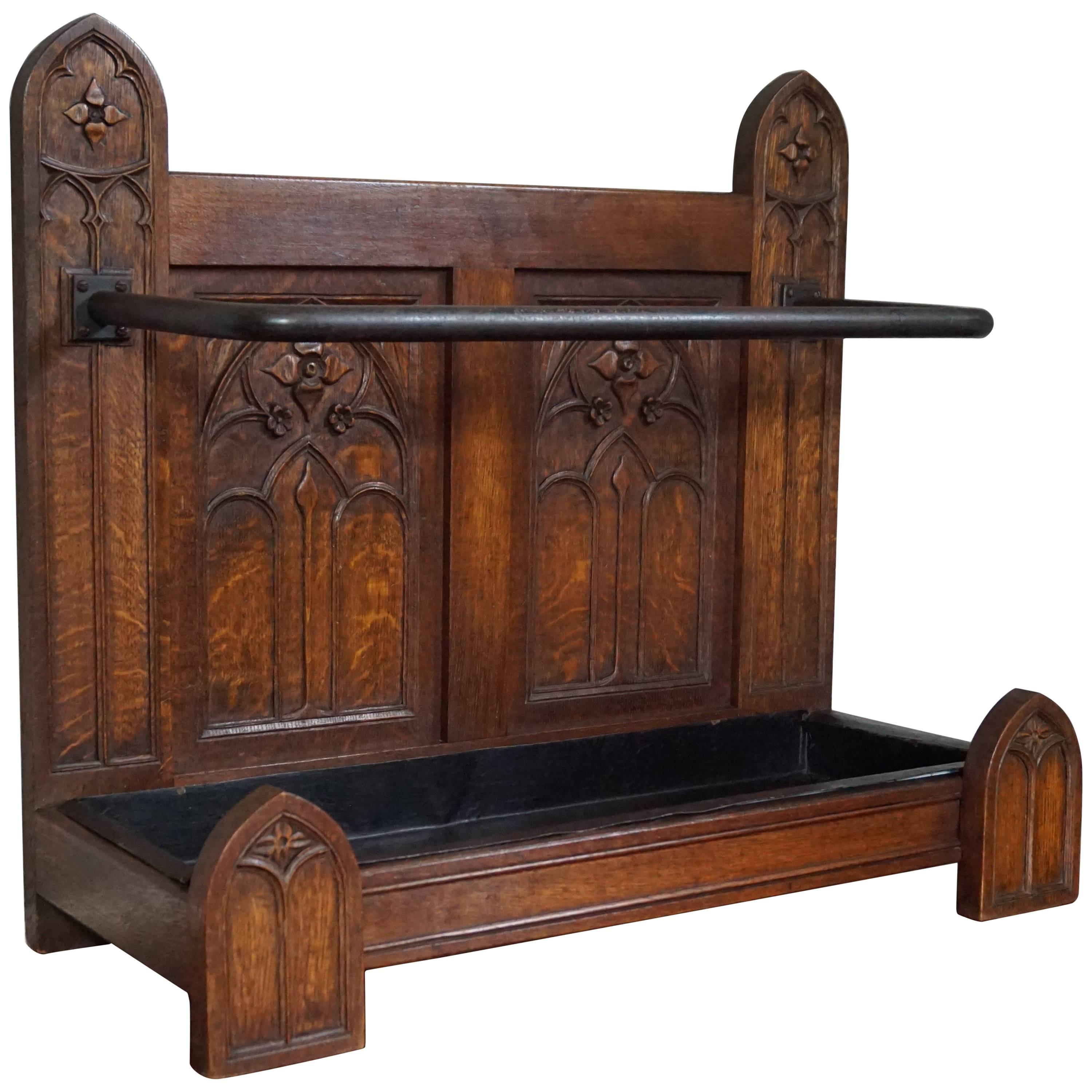 Striking Early 20th Century Hand-Carved Gothic Revival Umbrella and Stick Stand