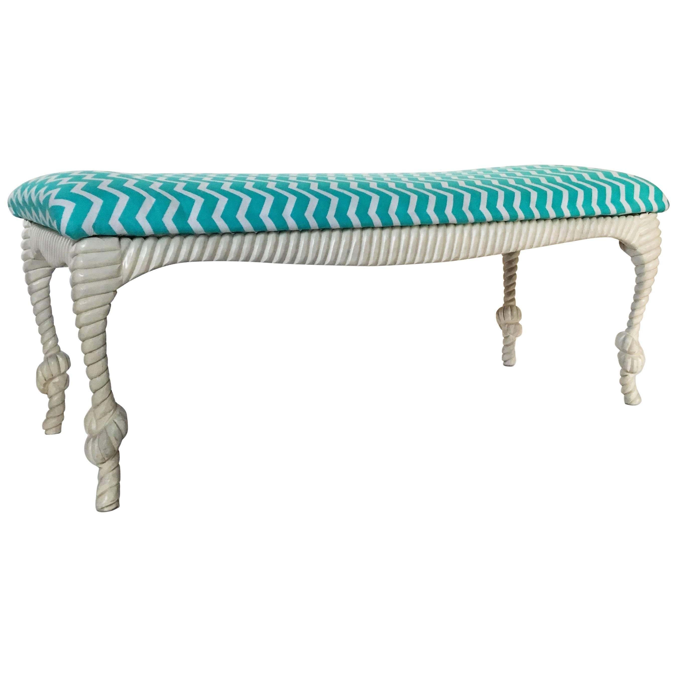 Dorothy Draper Style Carved Twisted Rope Bench For Sale