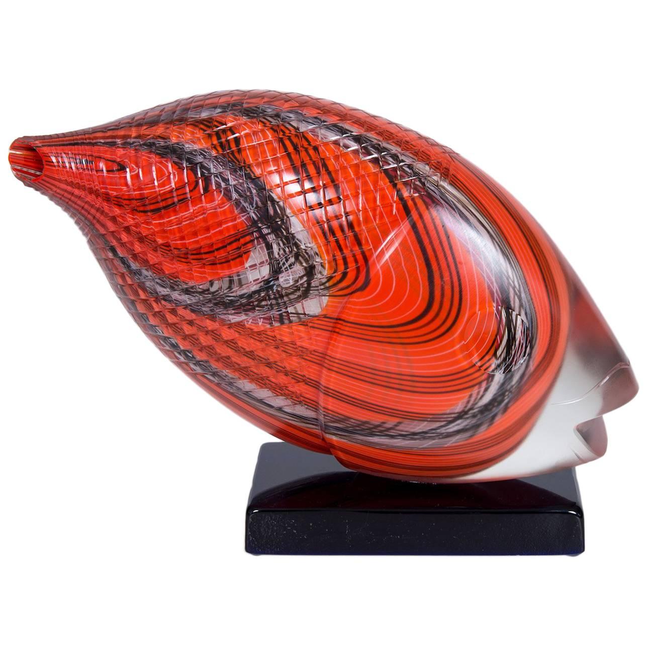 Italian Fish Sculpture in Blown Murano Glass Red Opaque black handcarved, 1990s For Sale