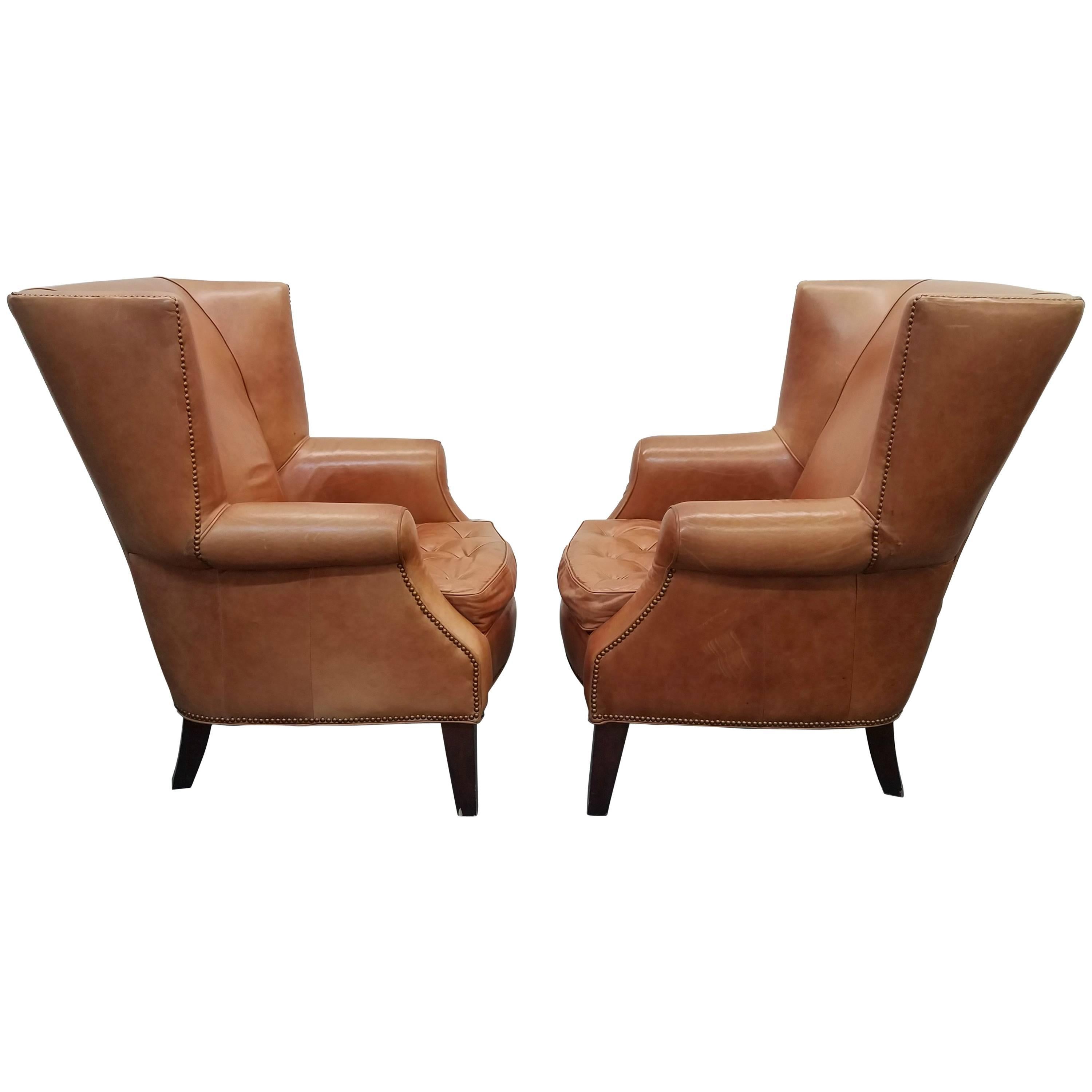 Pair of Oversized Vintage Leather Wingback Chairs
