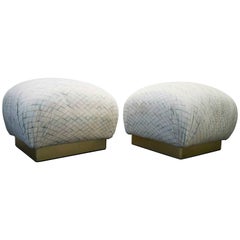 Pair of Karl Springer Style Brass Base Souffle Ottomans Poufs 3