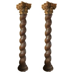 Spectacular Pair of French Corinthian Oak Carved Columns