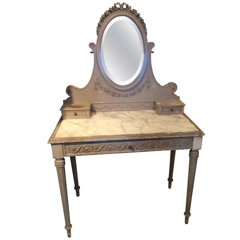 Romantic Painted Wood and Marble French Vintage Vanity at 1stDibs