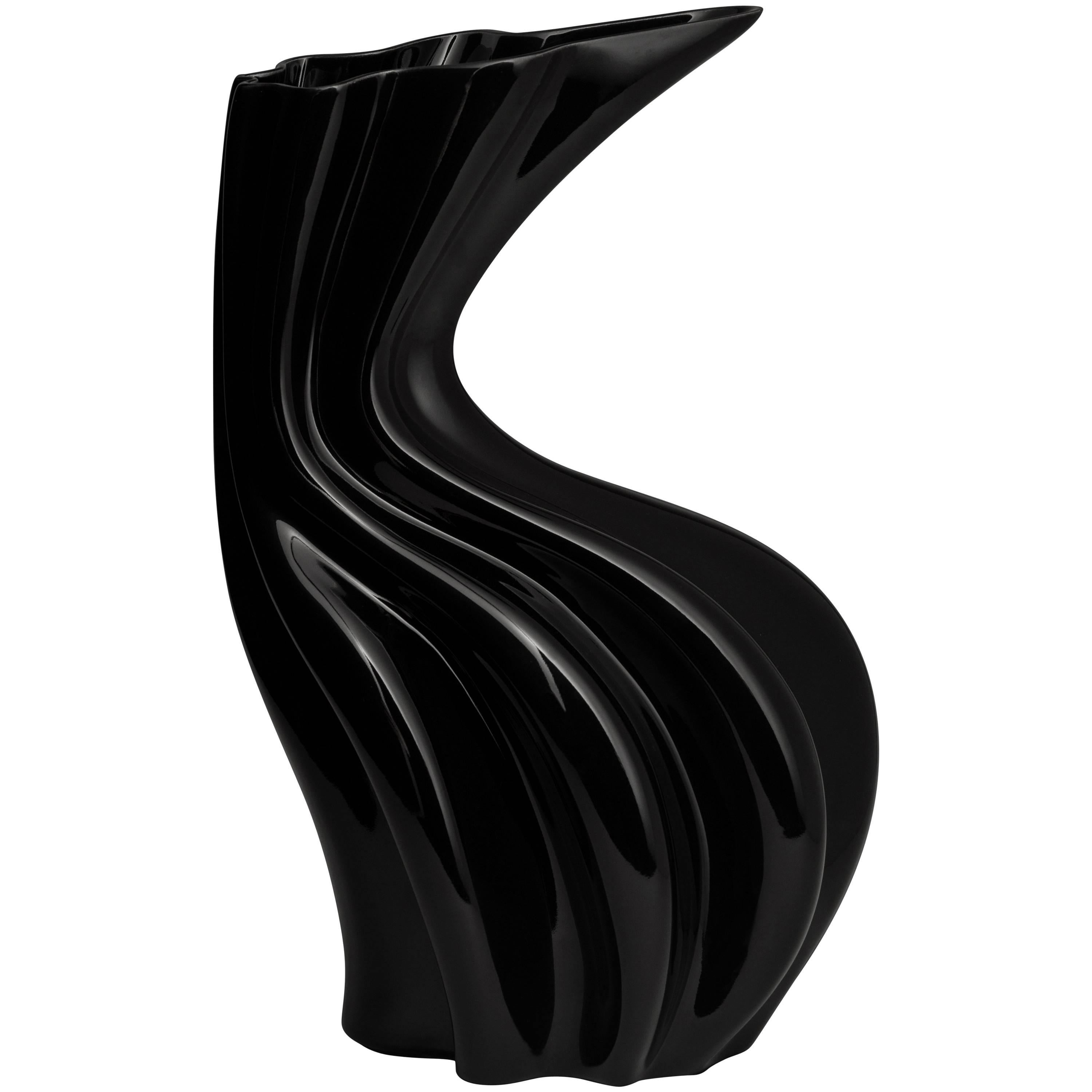 Contemporary Sinuo Black Handmade Ceramic Vase, Made in Italy For Sale