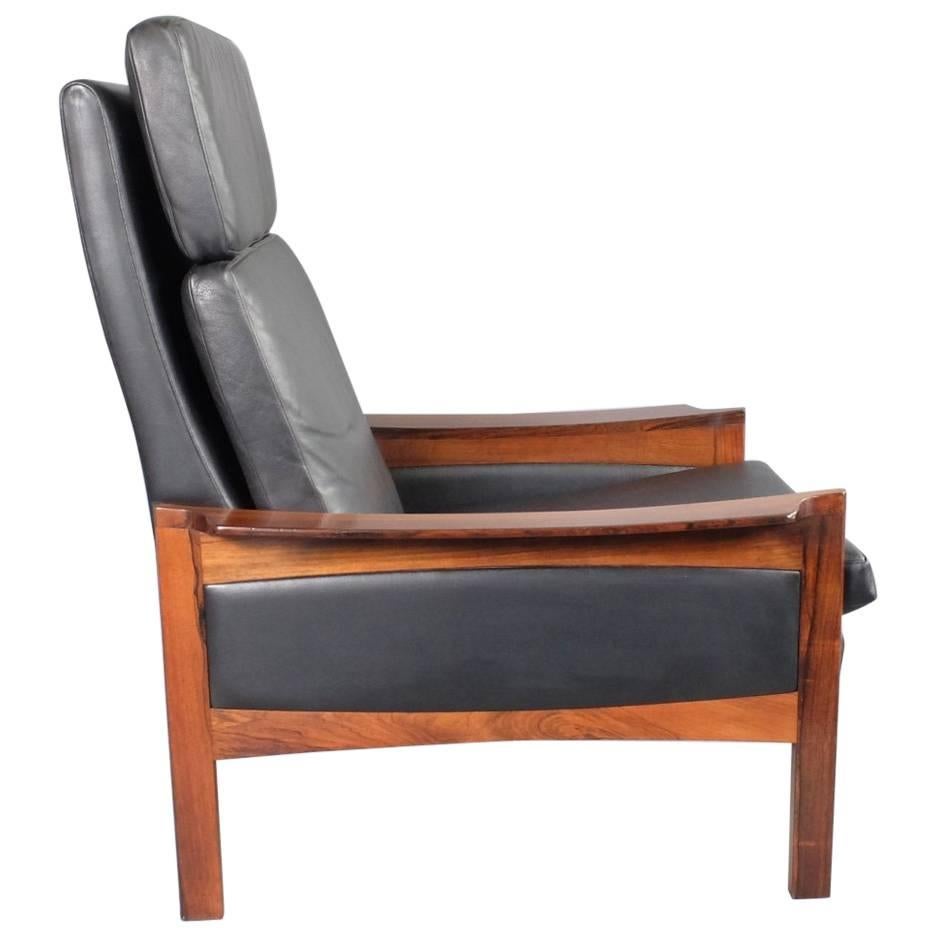 1960s Danish Black Leather High Back Lounge Chair