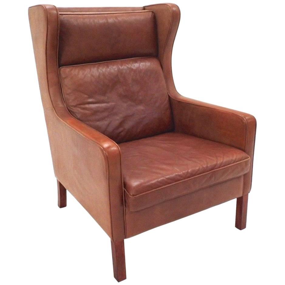 Danish Stouby Tan Leather High Back Club Armchair Midcentury Chair, 1960s