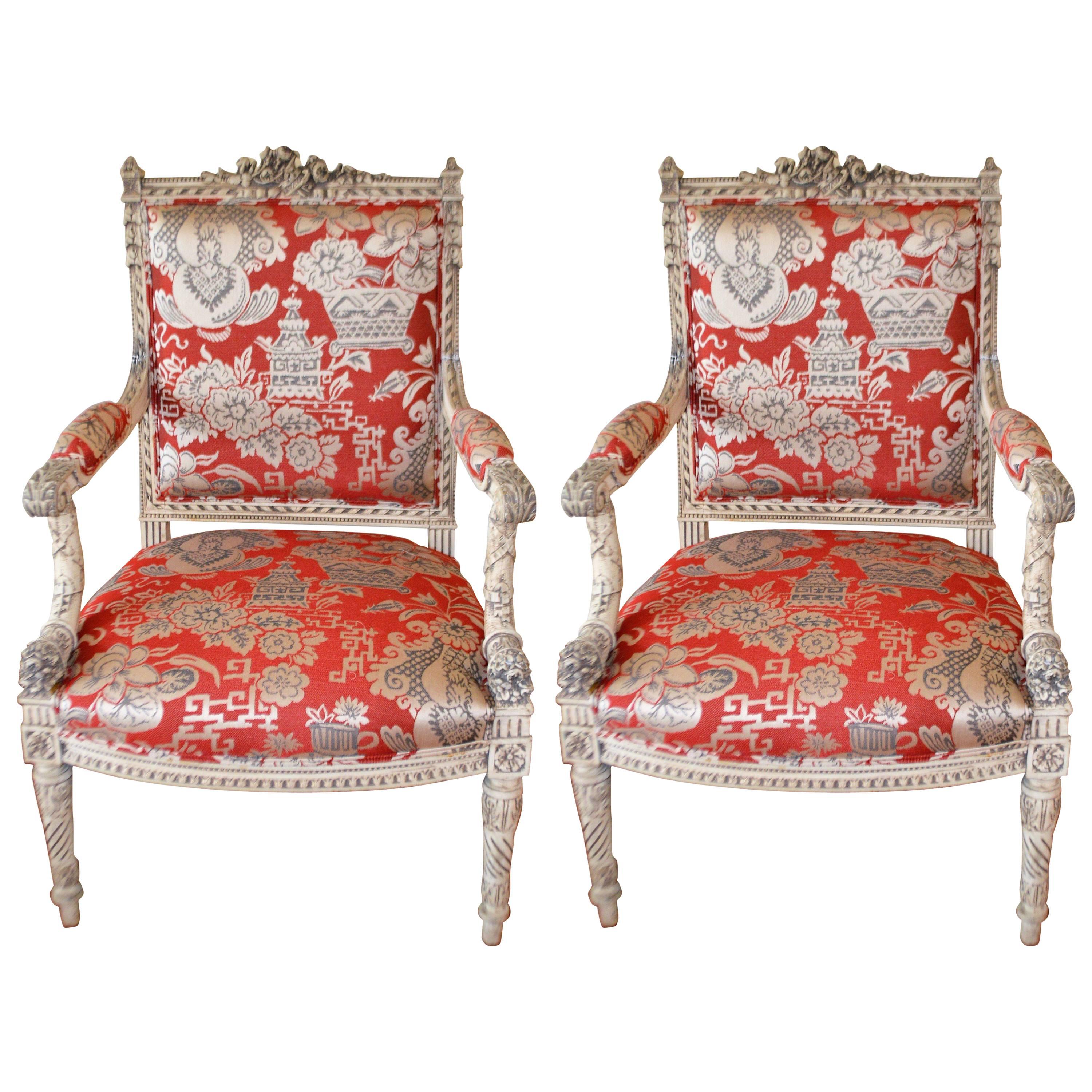 Pair of 19th Century Hand-Carved Armchair New Upholstery in Chinoiserie Fabric