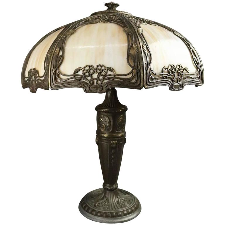 Antique Art Nouveau Foliate Filigree EightPanel Shade Slag Glass Lamp at 1stdibs