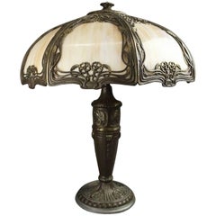Antique Art Nouveau Foliate Filigree Eight-Panel Shade Slag Glass Lamp