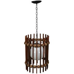 Mid-Century Modern Teak & Cork Ball & Slat Cylinder Pendant Light, 20th Century 5