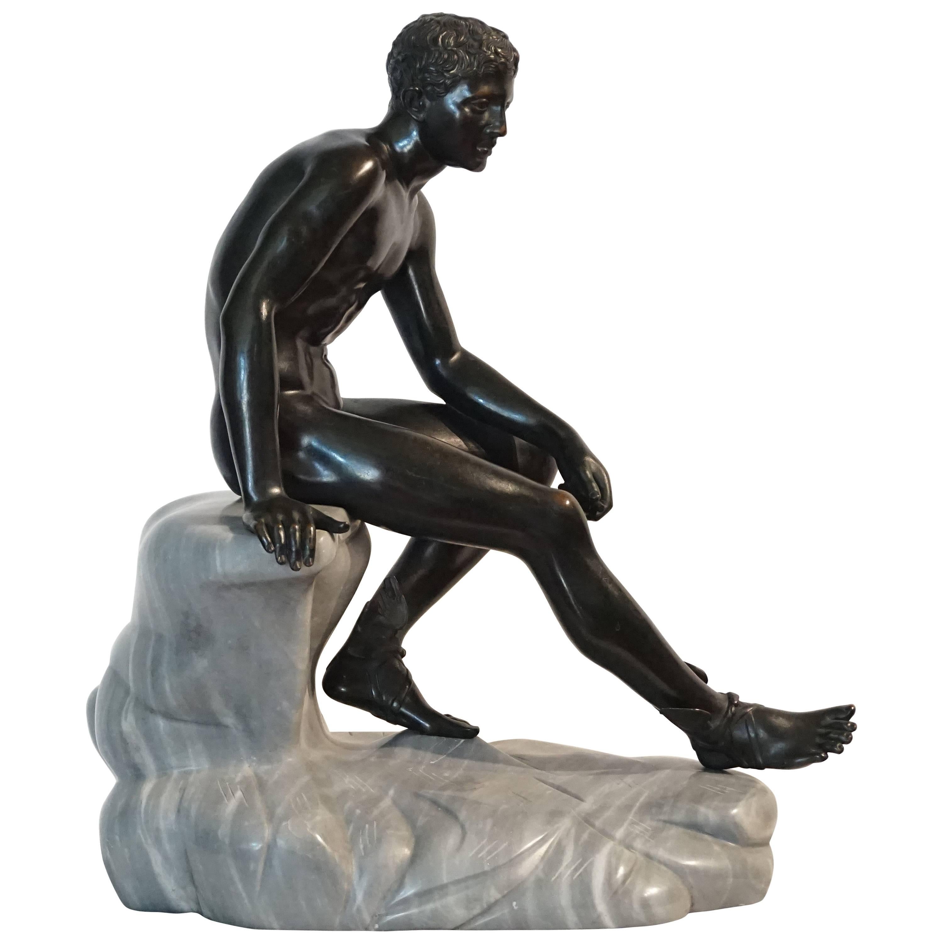 Grand Tour Bronze and Marble Sculpture of the 'Seated Hermes' or Mercury For Sale