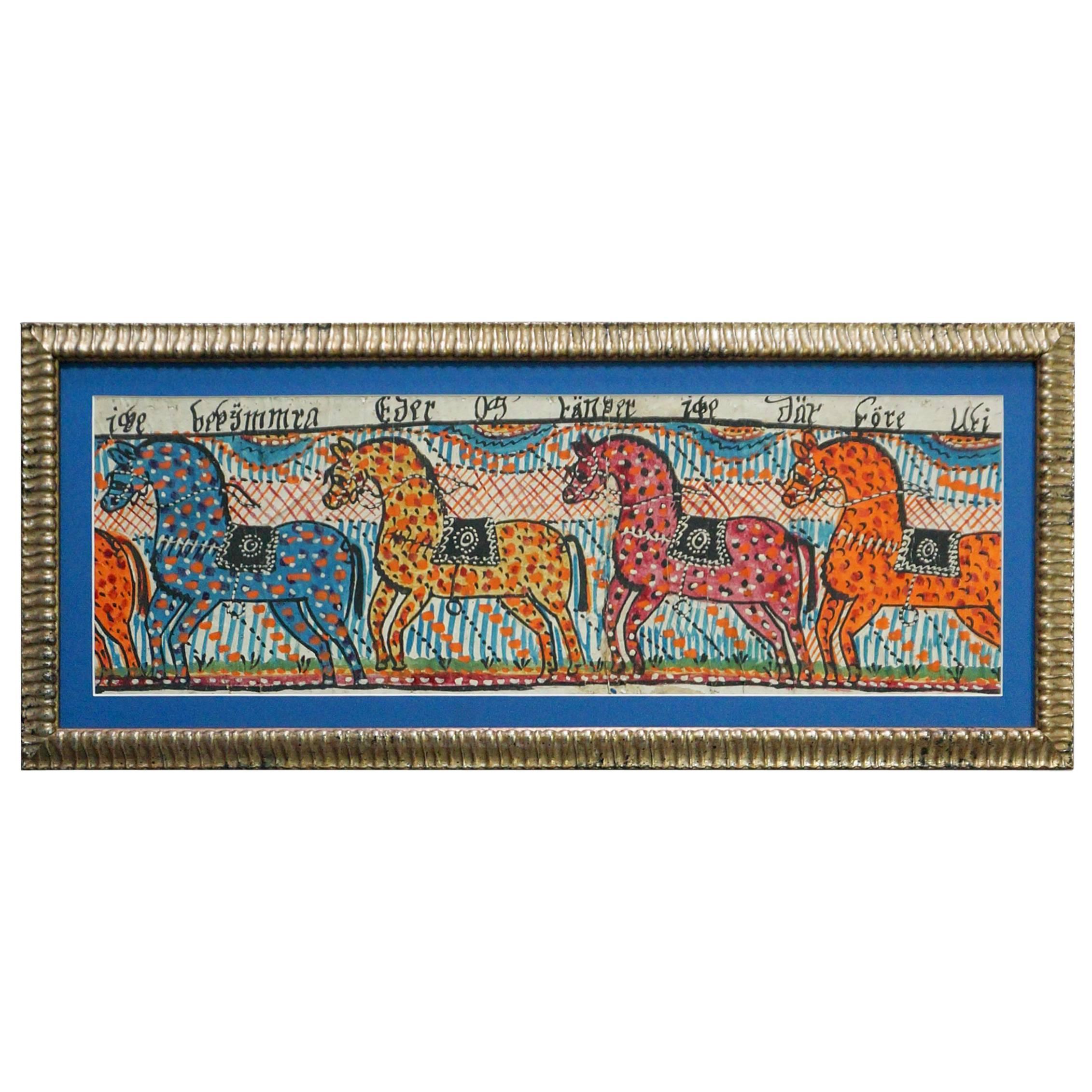 Swedish Folk Art Painting with Four Horses