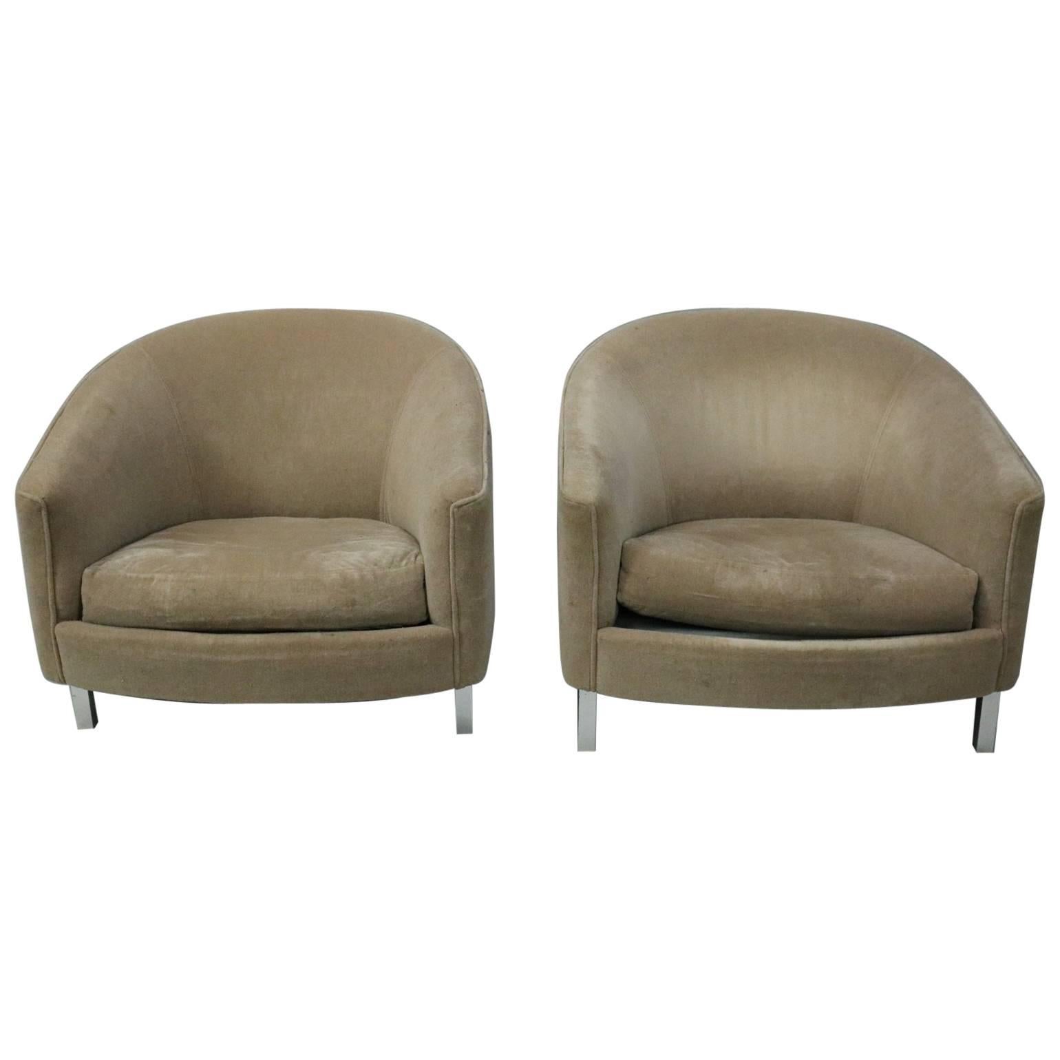 Pair of Mid-Century Modern Upholstered Club Chairs on Chrome Legs, 20th Century