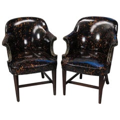 Pair of Hollywood Regency Tortoise Shell Vinyl Upholstered Club Chairs