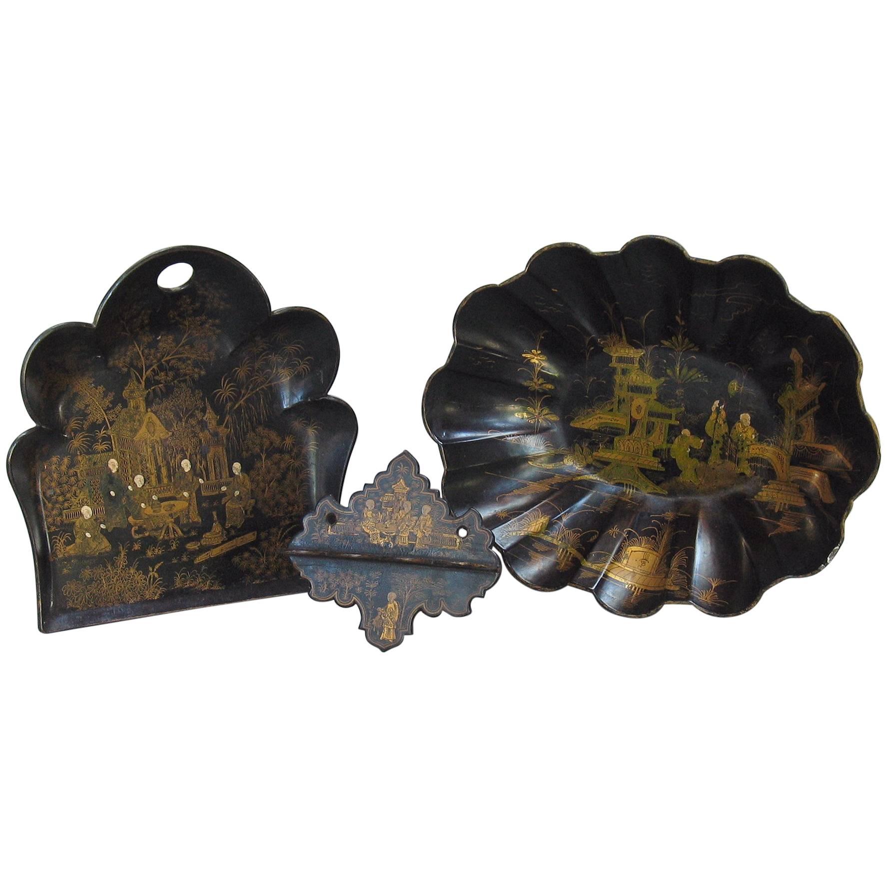 Group of French Paper Mache Black & Gilt Japanned Decorative Items, 19th Century For Sale