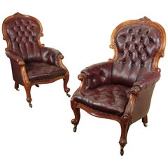 Pair of Victorian Mahogany and Burgundy Leather Gentleman’s Library Armchairs